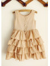 Tan Linen Knee Length Flower Girl Dress